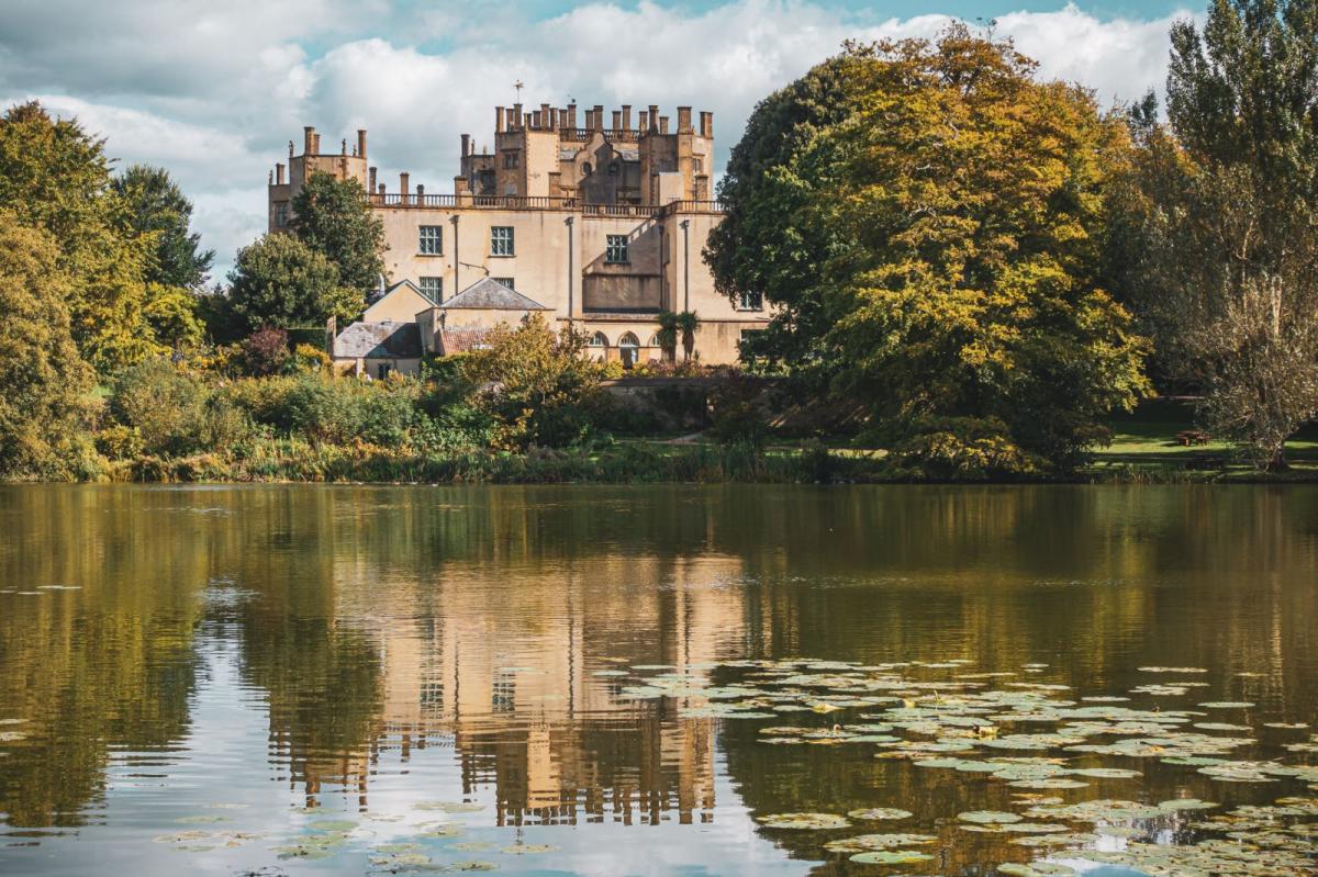 Looking over a large pond to Sherborne Castle