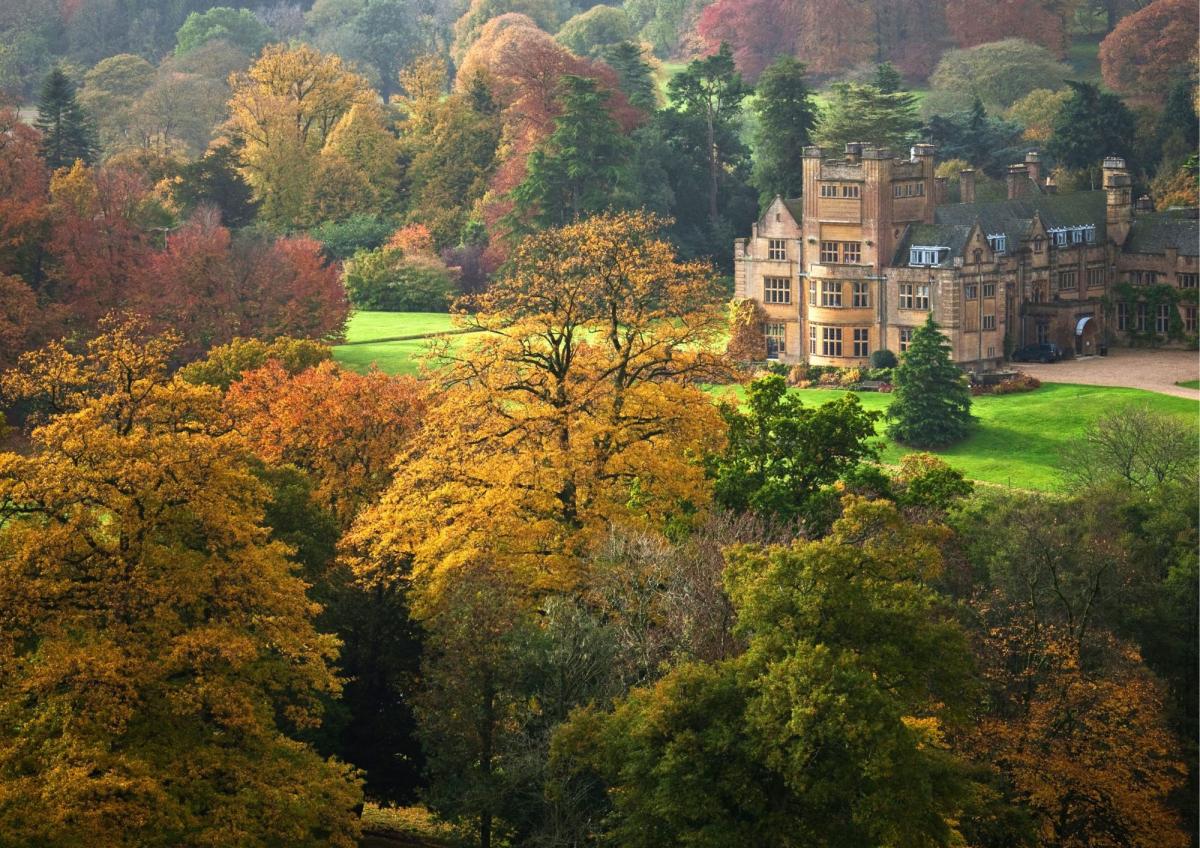 A grand stone manor house sits nestled amongst a vibrant tapestry of autumn foliage.