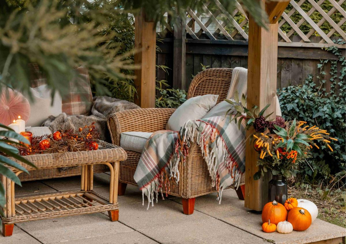 Cozy wicker furniture adorned with autumn decor sits on a patio, with lush greenery and a wooden fence in the background.
